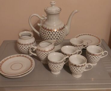 фарфоровая посуда: Чайный фарфоровый сервиз КНДР, ручная работа