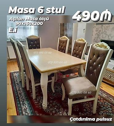 Mebel dəsti: açılan masa + 6 stul - Masa ölçüsü (açılan): 90 x 160 x