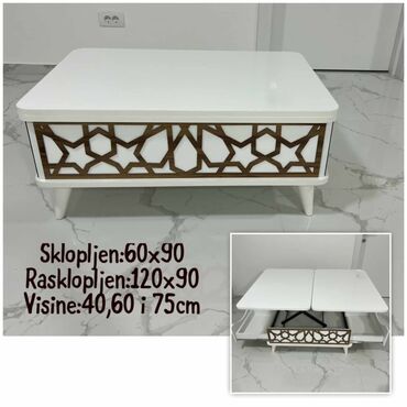 Stolovi: Dostupne su 4 boje, Dimenzije stola su 60x90, a kada se rasklopi — 7