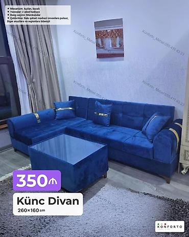 Divanlar: Künc divan – 260×160 sm - Mexanizm: açılan, bazalı (yuxarıdan — 1
