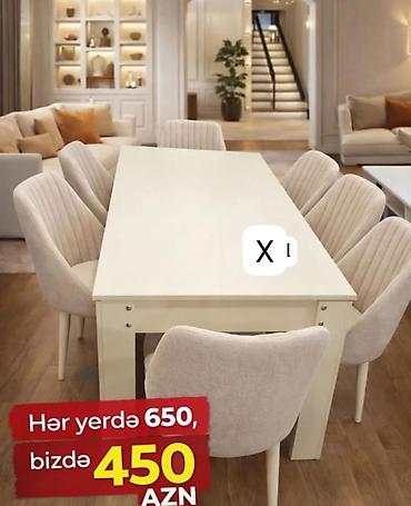 Ağ rəngdə yemək masası və 6 ədəd yumşaq oturacaqlı stul dəsti. -