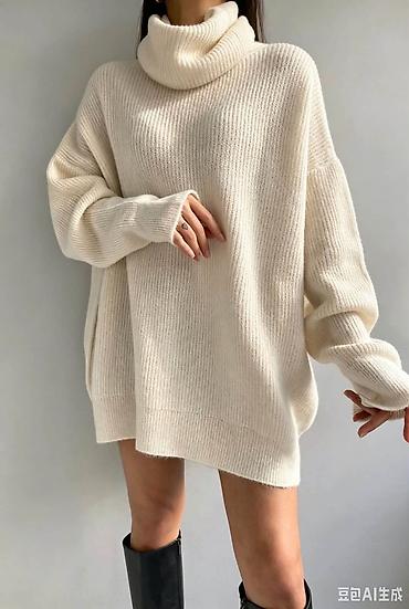 white tech fleece: Džemper-haljina sa rolkom, oversize kroja - Model: širok, ležeran — 5
