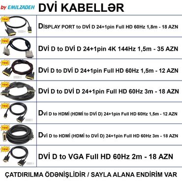 Monitorlar: DVI Kabellər 🚚Metrolara və ünvana çatdırılma var, ❗ÖDƏNİŞLİDİR❗