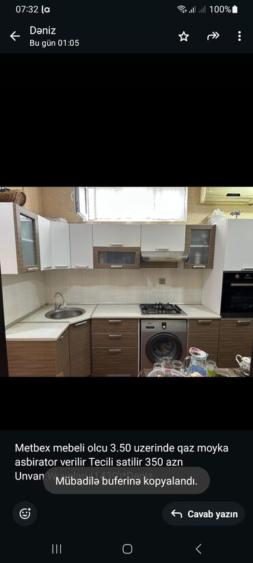 Metbex mebeli olcu 3.50 uzerinde qaz moyka asbirator verilir Tecili