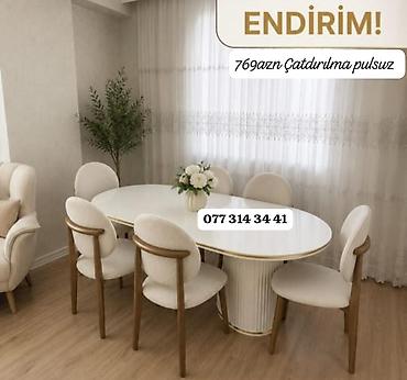 pastel dest: Ağ rəngli, oval formalı yemək masası və 6 ədəd stul dəsti. - Masanın — 1