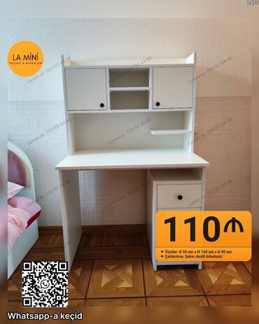 стол приставной: Ağ rəngli funksional iş masası və üst dolablı rəf sistemi