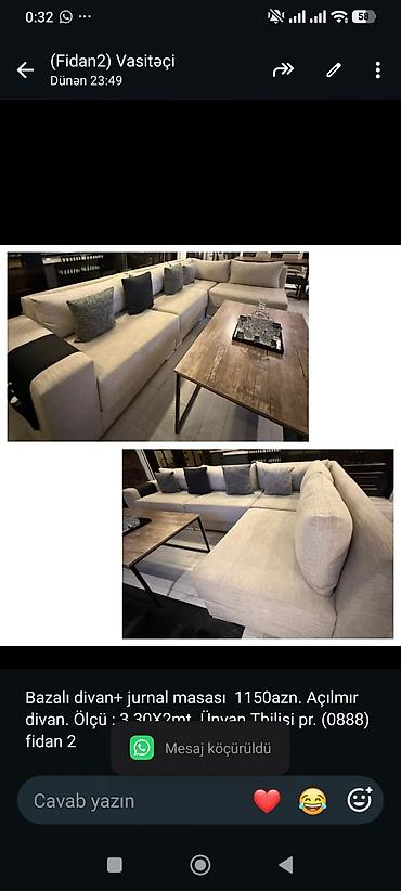 Bazalı divan+ jurnal masası 1150azn. Açılmır divan. Ölçü : 3.30X2mt