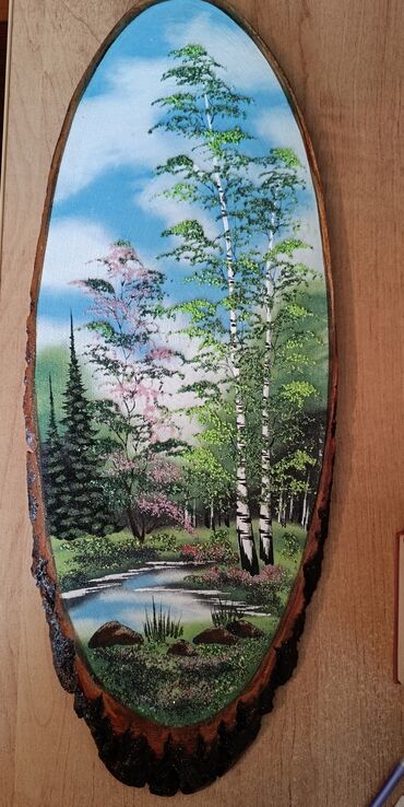 картины из дерева: Картина на срезе дерева с каменной крошкой, размер 73х27 см, вес