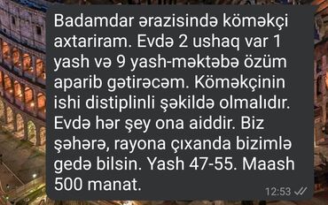 Ev personalı və təmizlik: Badamdar ərazisində evdə 2 uşağa (1 və 9 yaş) kömək etmək üçün köməkçi