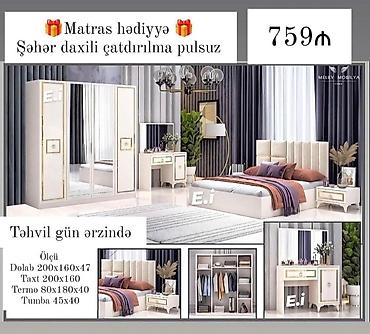 Ev üçün mebel: Yataq otağı dəsti – modern dizayn, krem rəngli eleqant detallarla — 1
