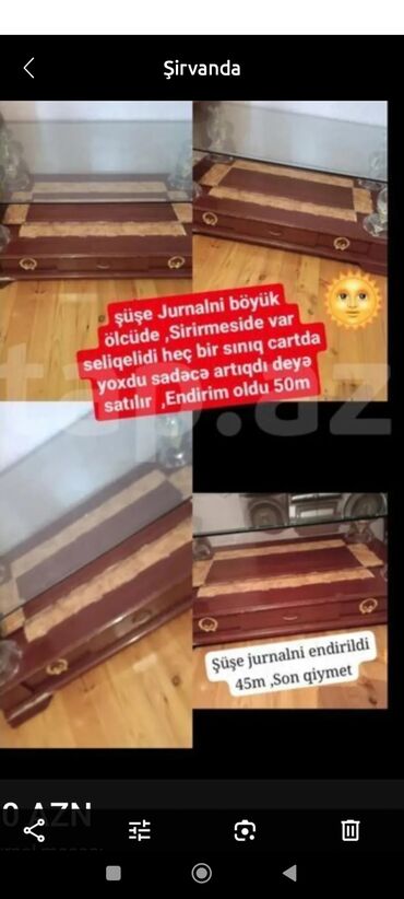 Masalar: Jurnal masası, İşlənmiş, Açılmayan, Şüşə, Dördbucaq masa