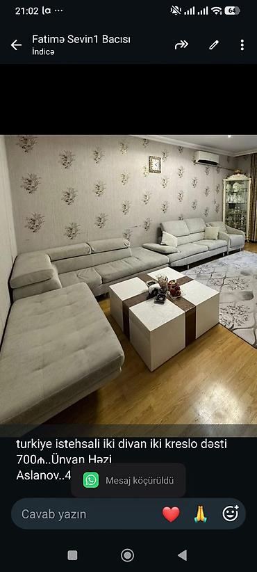 Turkiye istehsali iki divan iki kreslo dəsti 700₼. Ünvan Həzi