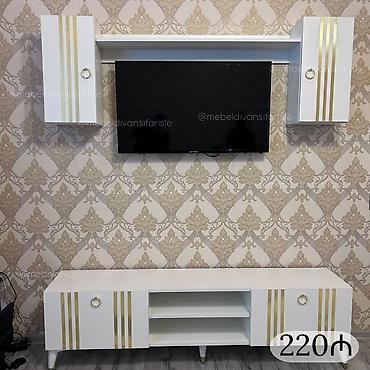 dola: Ağ rəngli TV stendi və divar dolabı dəsti - Kompozisiya: aşağı TV — 1