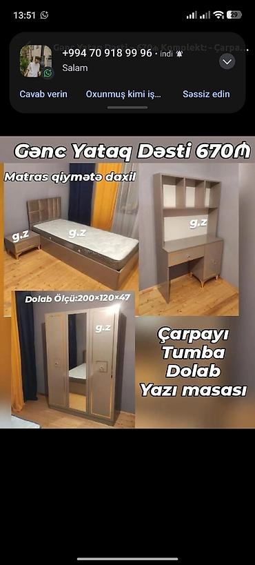 qatlanan stol: Gənc Yataq Dəsti – 670₼ Komplekt: - Çarpayı - Matras (qiymətə — 1