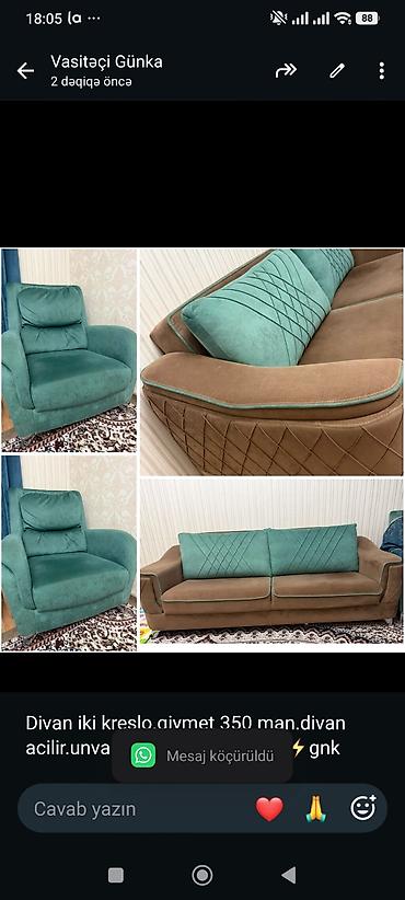 Divan iki kreslo.qiymet 350 man.divan acilir.unvan 20