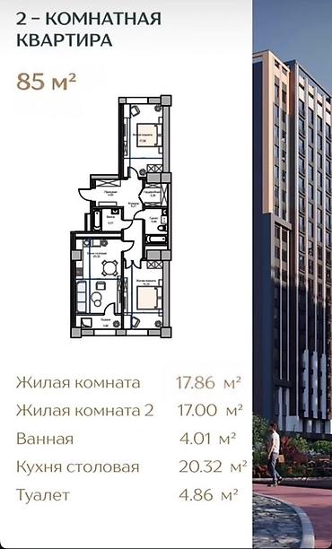 ежемесячная квартира: 2 комнаты, 85 м², 11 мкр Элитка, 11 этаж, ПСО (под самоотделку) — 1