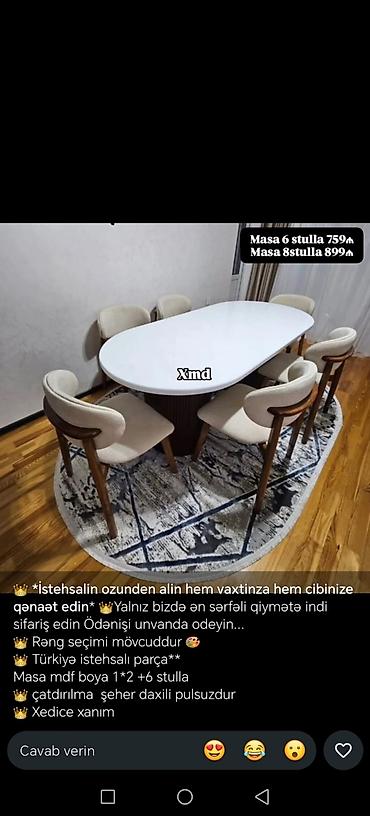 Mebel: Yemək masası dəsti – müasir dizaynlı, MDF boyalı masa və 6/8 ədəd — 2