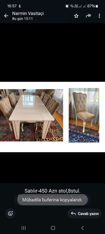 Mebel: Qonaq otağı üçün, İşlənmiş, Dördbucaq masa, 8 stul