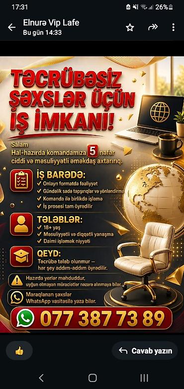 Работа: Təcrübəsiz şəxslər üçün onlayn iş imkanı Komandamıza ciddi və — 1