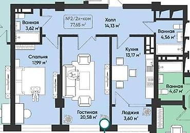 2х уровневый: 2 комнаты, 79 м², Тунгуч мкр Элитка, 13 этаж, ПСО (под самоотделку) — 2