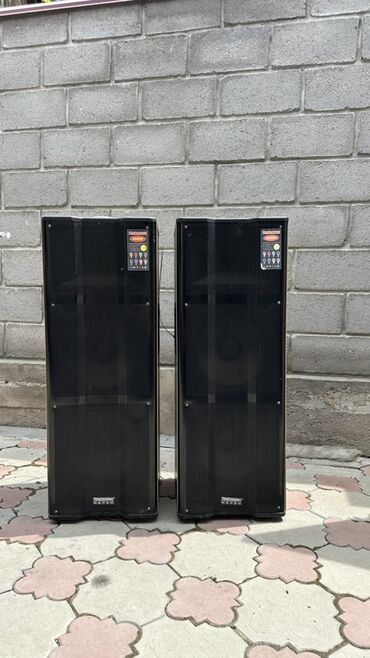 Динамики и колонки: Комплект из двух больших акустических систем в черном корпусе. колонка