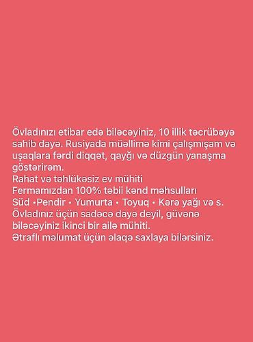 10 illik təcrübəyə malik dayə xidməti təklif olunur. Rusiyada müəllim