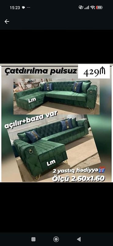 L formalı, açılan mexanizmalı künc divan. - Ölçü: 2.60 x 1.60 m - Baza