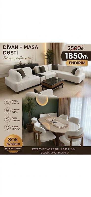 Divan + Masa Dəsti Tərkib: - 1 ədəd künc divan komplekti (yumşaq, ağ