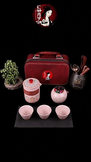 su cen: Çay dəsti, rəng - Narıncı, Keramika, 3 nəfərlik, Yaponiya — 2