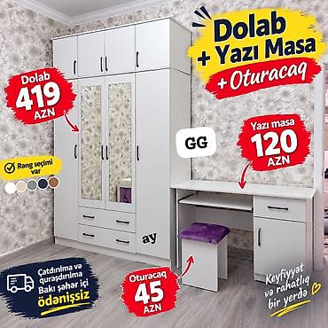 Dolab + yazı masası + oturacaq dəsti - Dolab: 3 qapılı, üst hissədə