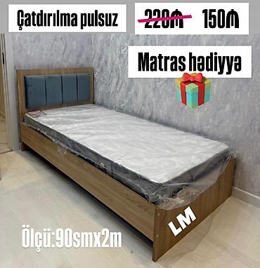 Ev üçün mebel: Tək nəfərlik taxta çarpayı - Ölçü: 90 sm x 2 m - Başlıq: yumşaq, parça — 1