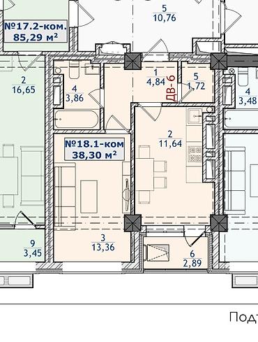 нуран парк: 1 комната, 38 м², Элитка, 6 этаж, ПСО (под самоотделку) — 1