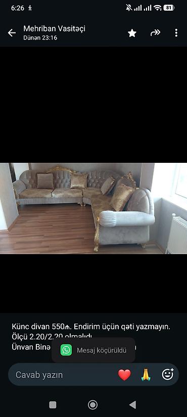 Künc divan 550₼. Endirim üçün qəti yazmayın. Ölçü 2.20/2.20 olmalıdı