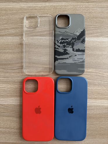 şəffaf kabro: 4 ədəd İPhone 15 (Qırmızı,mavi) silkon,şəffaf və Pitaka caselər📱