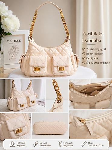 Çantalar: Məhsul: Zəncir saplı, krem rəngli qadın çantası - Material: Premium — 2