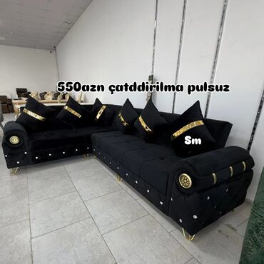 купить спальную мебель: Qara rəngli L‑şəkilli künc divan dəsti - Zərif qızılı detallarla