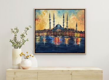 mişka şəkilləri: Rəsm əsəri – şəhər mənzərəsi və məscid silueti - Texnika: yağlı