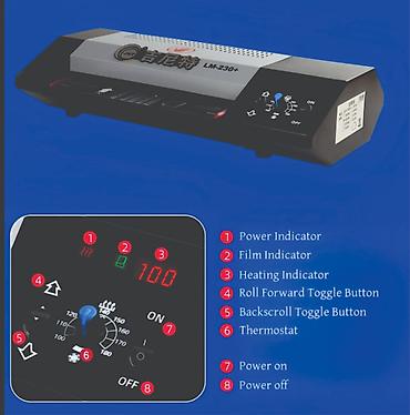 laminator: 33 sm lik 2 rulonlu teze laminator. Bashqa avadanliqlar da var — 3