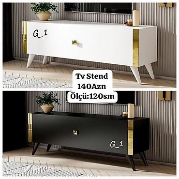 TV stend – müasir minimal dizayn, qızılı dekor elementləri ilə. -