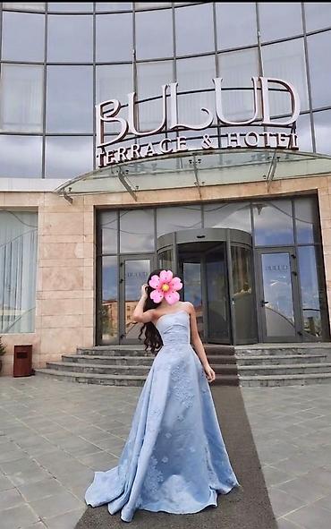 super maks: Göy rəngli zərif gecə/libas - Model: strapless (korsetli) uzun — 4