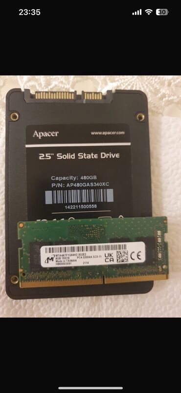 Digər kompüter aksesuarları: SSD Apacer 480GB,Yenı,orgınal
DDR4,8GB,3200mhz,ram