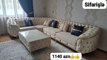 klassik divanlar: Lux dizaynlı künc divan dəsti – sifarişlə. - Yumşaq krem rəngli — 1