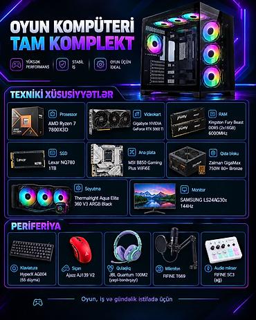 macbook pro i9: Gaming PC Seti — Ryzen 7 7800X3D, RTX 5060 Ti, 32GB DDR5 + Monitor və — 4