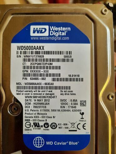 Masaüstü kompüterlər və iş stansiyaları: Daxili Sərt disk (HDD) Western Digital (WD), 512 GB, 7200 RPM, 3.5"