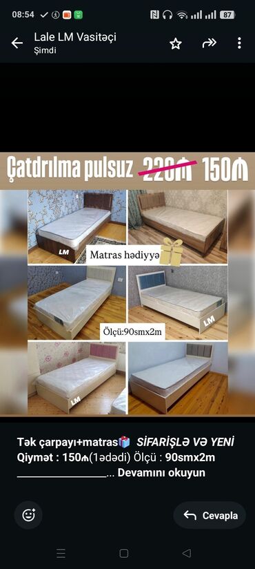Divanlar: *Tək çarpayı+matras🎁* _*SİFARİŞLƏ VƏ YENİ*_ *Qiymət : 150₼*(1ədədi)
