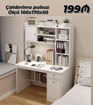 Ağ rəngdə funksional iş masası və üst dolablı rəf sistemi. - Ölçü