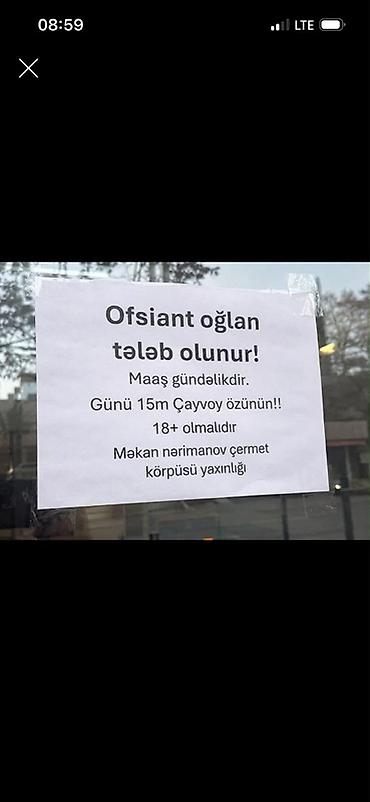 Ofisiantlar: Ofisiant tələb olunur, Gündəlik ödəniş, 18-29 yaş — 1