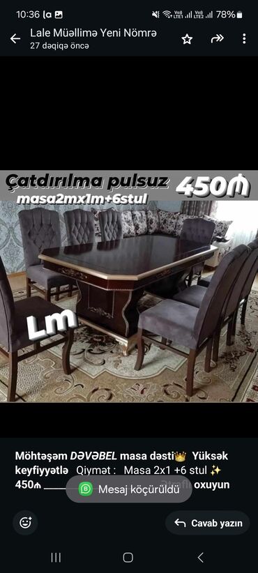 mətbəx masa dəsti: *Möhtəşəm _DƏVƏBEL_ masa dəsti*👑 *Yüksək keyfiyyətlə* Qiymət : Masa