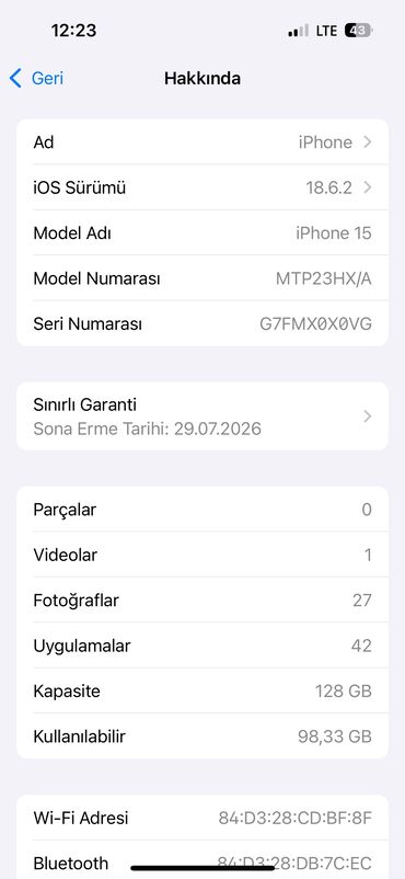 Apple iPhone: IPhone 15, 128 GB, Sarı, Barmaq izi, Sənədlərlə, Zəmanət — 8