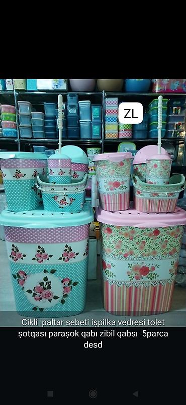 hamam aksesuarlari: 5 parça plastik hamam-tualet dəsti Tərkib: - Paltar səbəti (örtüklü) — 1